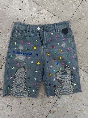 NWOT Embellished Distressed Denim Shorts — Multicolor Gems